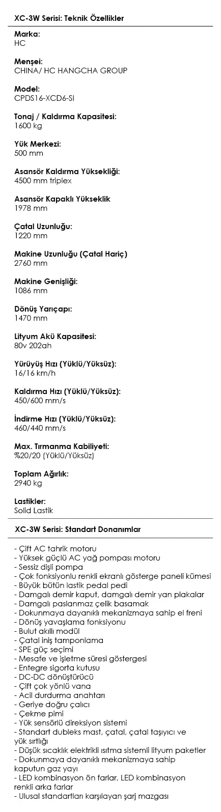 XC-3W Serisi Lityum Akülü Forklift
