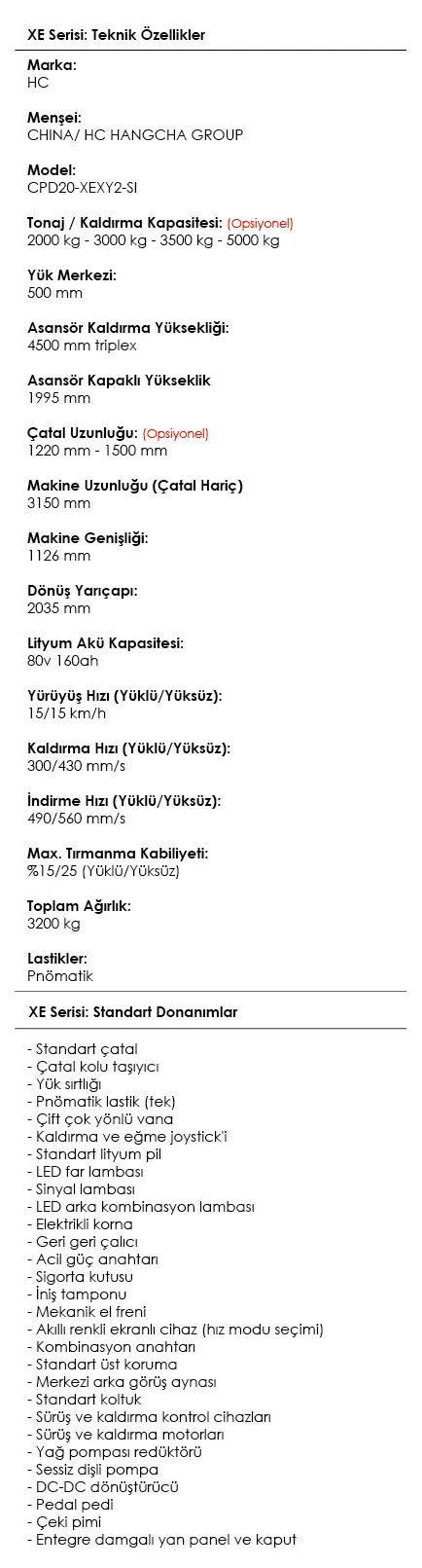 XE Serisi Lityum Akülü Forklift
